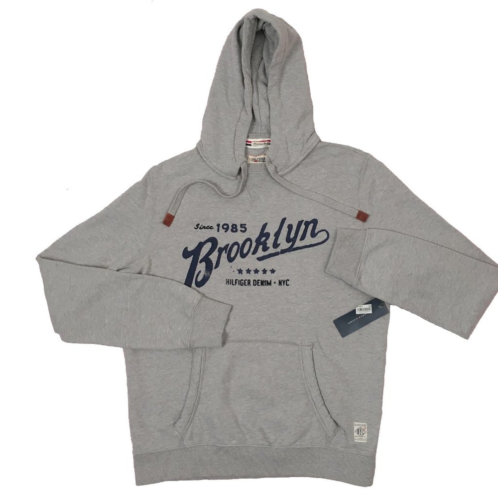 NEW Vintage Tommy Hilfiger Denim Hoodie Sweatshirt! Gray SLIM FIT Felt Brooklyn